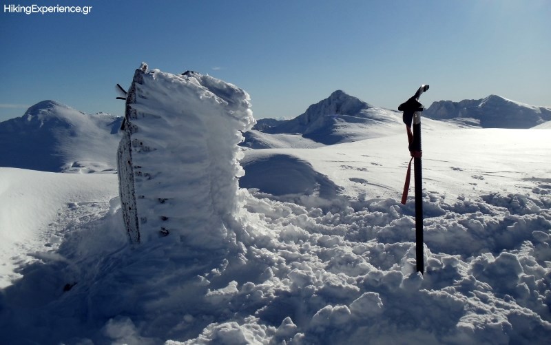 Το κολωνάκι της κορυφής του Γεροντόβραχου (2390μ). Στο φόντο η Λιάκουρα, το Κοτρώνι και ο Τσάρκος (από αριστερά προς το δεξιά)